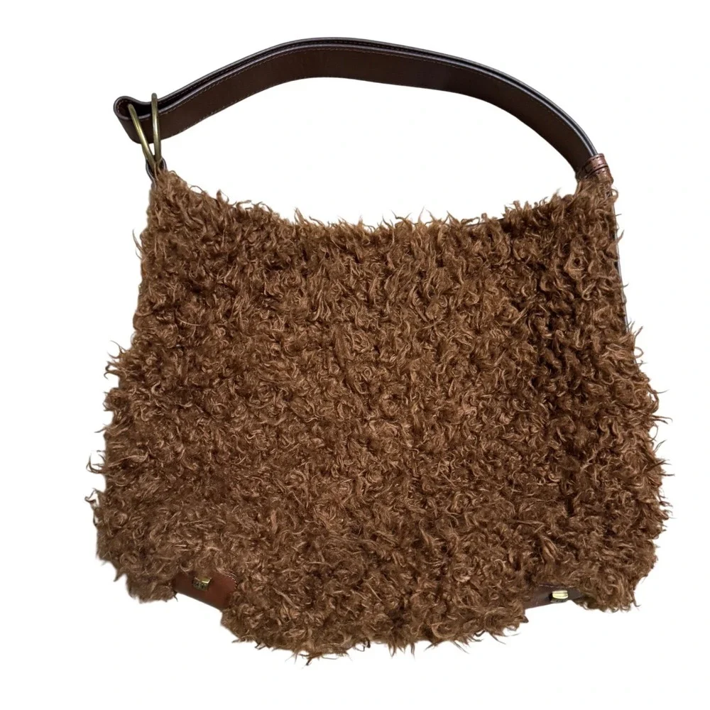 Eric Javits Brown Faux Fur Hobo Bag Leather Trim Adjustable Strap Shoulder Bag